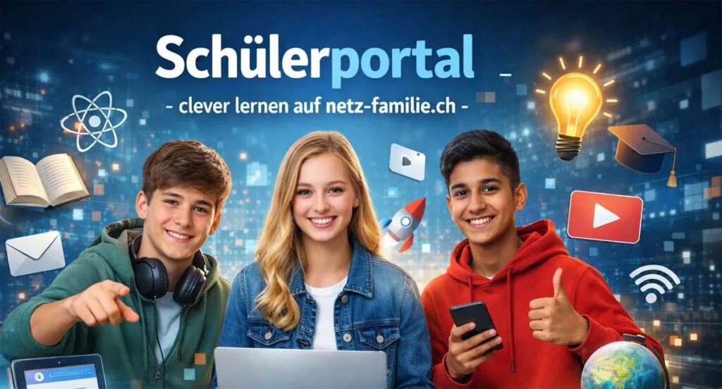 Drei Schüler arbeiten gemeinsam am Laptop und Smartphone, umgeben von Symbolen für Lernen, digitale Medien und Schule – modern, digital und freundlich gestaltet für das Schweizer Schülerportal auf netz-familie.ch