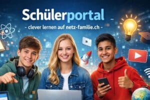 Drei Schüler arbeiten gemeinsam am Laptop und Smartphone, umgeben von Symbolen für Lernen, digitale Medien und Schule – modern, digital und freundlich gestaltet für das Schweizer Schülerportal auf netz-familie.ch