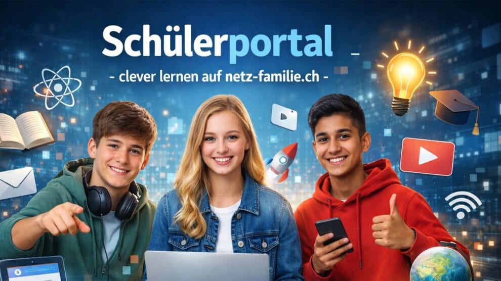 Drei Schüler arbeiten gemeinsam am Laptop und Smartphone, umgeben von Symbolen für Lernen, digitale Medien und Schule – modern, digital und freundlich gestaltet für das Schweizer Schülerportal auf netz-familie.ch