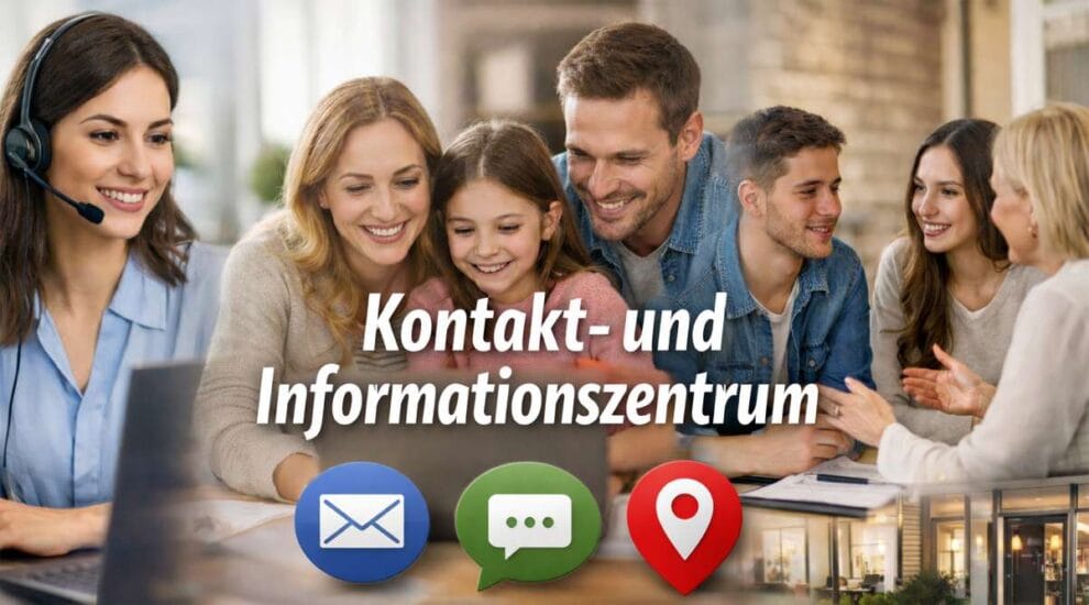 Modernes Kontakt- und Informationszentrum von netz‑familie.ch: Familien, Jugendliche und Eltern nutzen digitale Beratung. Freundliche, reale Menschen in einem modernen, hellen Umfeld, 16:9 Format.