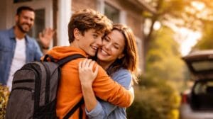 Teenager umarmt seine Mutter beim Abschied vor dem Wechsel zum anderen Elternteil im Nine-to-Nine-Lebensentwurf, Vater winkt im Hintergrund, warme herbstliche Umgebung, Patchworkfamilie in harmonischer Familiensituation