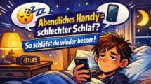 Comic-artige Illustration einer müden Person im Bett mit Smartphone in der Hand. Textblasen zeigen Emojis 😴💤📱. Das Bild visualisiert den abendlichen Handykonsum und den schlechten Schlaf.