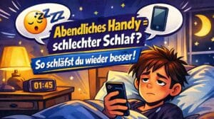 Comic-artige Illustration einer müden Person im Bett mit Smartphone in der Hand. Textblasen zeigen Emojis 😴💤📱. Das Bild visualisiert den abendlichen Handykonsum und den schlechten Schlaf.