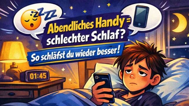 Comic-artige Illustration einer müden Person im Bett mit Smartphone in der Hand. Textblasen zeigen Emojis 😴💤📱. Das Bild visualisiert den abendlichen Handykonsum und den schlechten Schlaf.