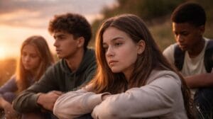 Nachdenkliche Jugendliche sitzen in ruhiger Atmosphäre im Freien und beschäftigen sich mit existenziellen Fragen über Leben, Tod und Sinnsuche.