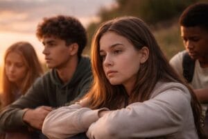 Nachdenkliche Jugendliche sitzen in ruhiger Atmosphäre im Freien und beschäftigen sich mit existenziellen Fragen über Leben, Tod und Sinnsuche.