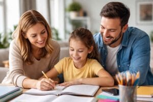 Eine Mutter und ein Vater unterstützen ihre Tochter bei den Hausaufgaben für mehr Schulerfolg
