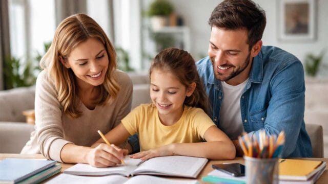 Eine Mutter und ein Vater unterstützen ihre Tochter bei den Hausaufgaben für mehr Schulerfolg
