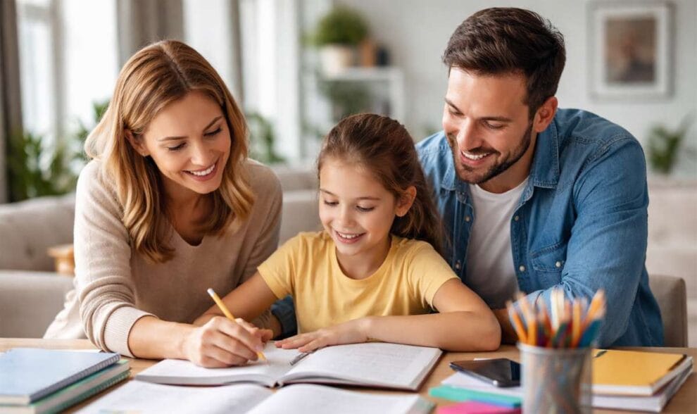 Eine Mutter und ein Vater unterstützen ihre Tochter bei den Hausaufgaben für mehr Schulerfolg