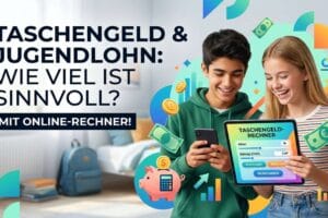Zwei Jugendliche berechnen mit einem Online-Rechner die Höhe ihres Taschengeldes, resp. ihres Jugendlohns