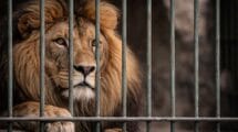 Nahaufnahme eines männlichen Löwen hinter Metallstäben im Zoo, der nachdenklich wirkt, mit melancholischem Blick und detaillierter Mähne, realistisches Licht und natürliche Farben.