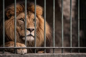 Nahaufnahme eines männlichen Löwen hinter Metallstäben im Zoo, der nachdenklich wirkt, mit melancholischem Blick und detaillierter Mähne, realistisches Licht und natürliche Farben.