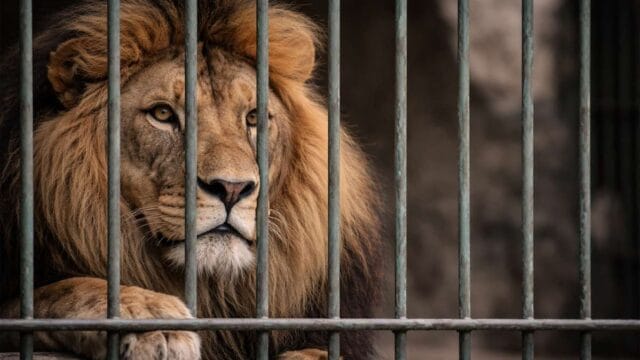 Nahaufnahme eines männlichen Löwen hinter Metallstäben im Zoo, der nachdenklich wirkt, mit melancholischem Blick und detaillierter Mähne, realistisches Licht und natürliche Farben.