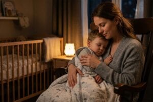 Eine Mutter wiegt ihr Kind in den Schlaf