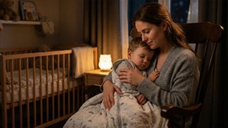 Eine Mutter wiegt ihr Kind in den Schlaf