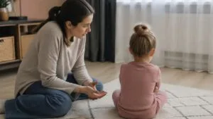Eine Mutter versucht ihrem aufgewühlten Kind Halt zu geben.