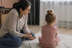 Eine Mutter versucht ihrem aufgewühlten Kind Halt zu geben.