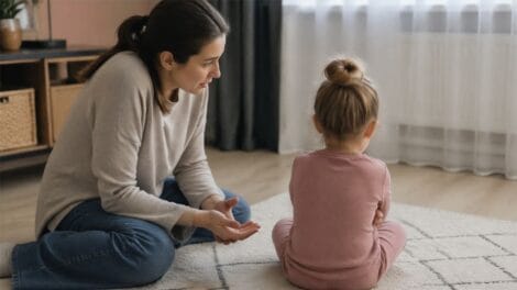 Eine Mutter versucht ihrem aufgewühlten Kind Halt zu geben.