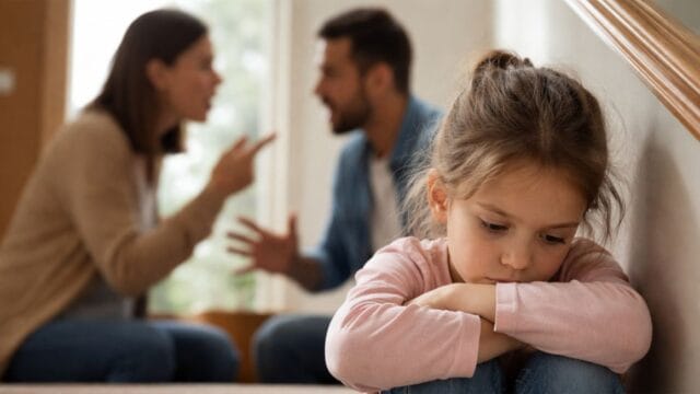 Im Bildhintergrund sieht man zwei Eltern streiten. Im Vordergrund sitzt ein Mädchen traurig auf der Treppe
