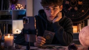 Männlicher Teenager sitzt in einem dunklen Zimmer mit Tarotkarten, Kristallen und Smartphone vor sich und beschäftigt sich mit spirituellen Social-Media-Inhalten.