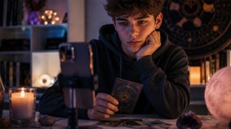 Männlicher Teenager sitzt in einem dunklen Zimmer mit Tarotkarten, Kristallen und Smartphone vor sich und beschäftigt sich mit spirituellen Social-Media-Inhalten.