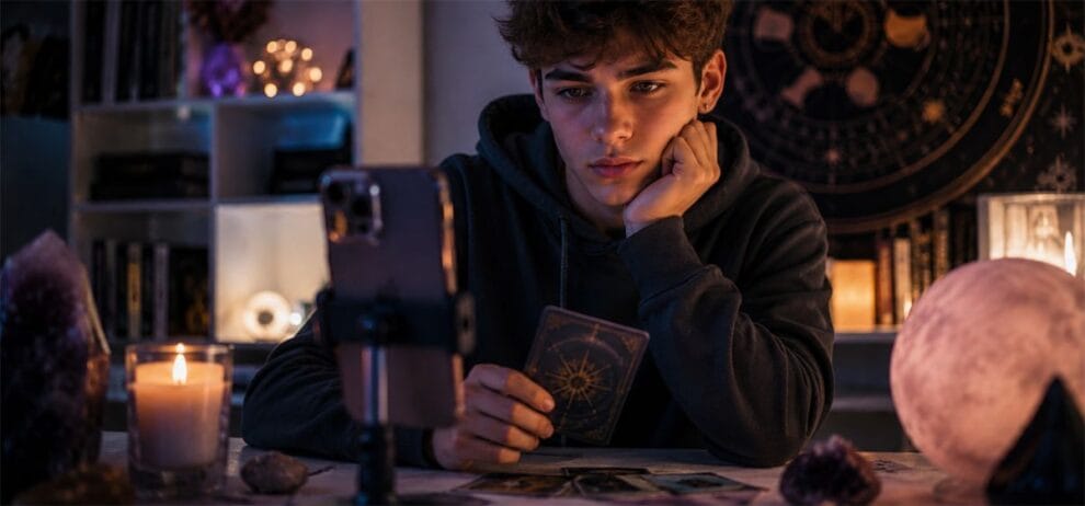 Männlicher Teenager sitzt in einem dunklen Zimmer mit Tarotkarten, Kristallen und Smartphone vor sich und beschäftigt sich mit spirituellen Social-Media-Inhalten.