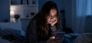Ein Teenager sitzt auf dem Bett und scrollt mit dem Handy durch Soical Media. Ihr Gesichtsausdruck ist gelangweilt.