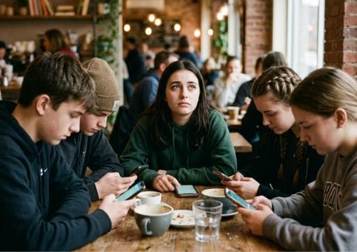 Jugendliche sitzen im Restaurant an ihren Handys. Eine Jugendliche fühlt sich dabei unglücklich und möchte mehr echte soziale Kontakte.