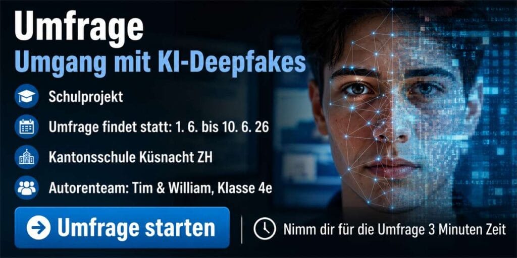 Hero-Banner zur Umfrage über den Umgang mit KI-Deepfakes. Schulprojekt an der Kantonsschule Küsnacht ZH. Autorenteam: Tim und William (Klasse 4e) . Digitales Gesicht und KI-Technologie als Symbol für Deepfakes und Medienkompetenz.