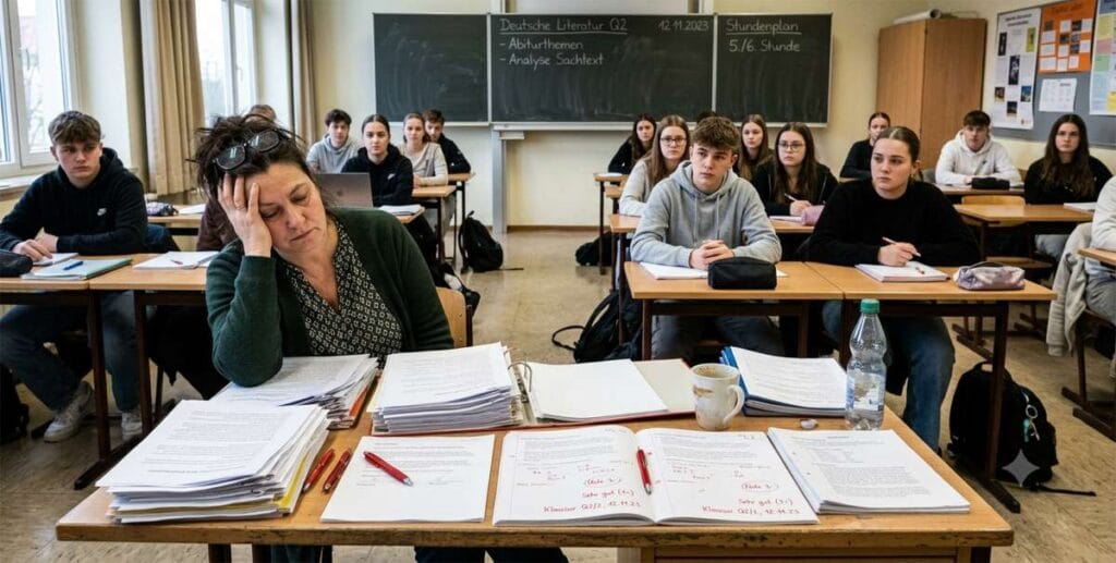 Erschöpfte Lehrerin sitzt nachdenklich am Pult, während Schülerinnen und Schüler sie im Unterricht besorgt ansehen. Symbolbild für Burnout an Schulen.