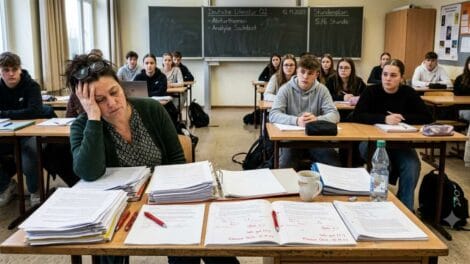 Erschöpfte Lehrerin sitzt nachdenklich am Pult, während Schülerinnen und Schüler sie im Unterricht besorgt ansehen. Symbolbild für Burnout an Schulen.
