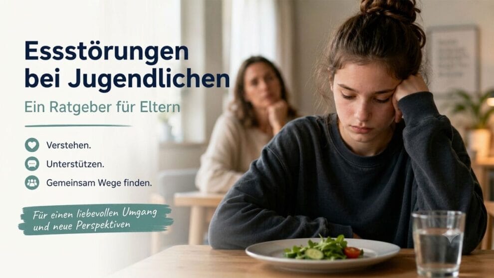 Nachdenkliche Jugendliche sitzt am Tisch und wirkt zurückgezogen, während ihre Mutter im Hintergrund besorgt beobachtet – Thema Essstörung bei Jugendlichen und elterliche Unterstützung