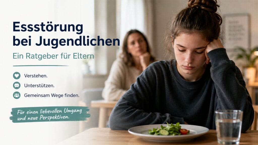 Nachdenkliche Jugendliche sitzt am Tisch und wirkt zurückgezogen, während ihre Mutter im Hintergrund besorgt beobachtet – Thema Essstörung bei Jugendlichen und elterliche Unterstützung
