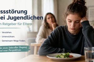 Nachdenkliche Jugendliche sitzt am Tisch und wirkt zurückgezogen, während ihre Mutter im Hintergrund besorgt beobachtet – Thema Essstörung bei Jugendlichen und elterliche Unterstützung