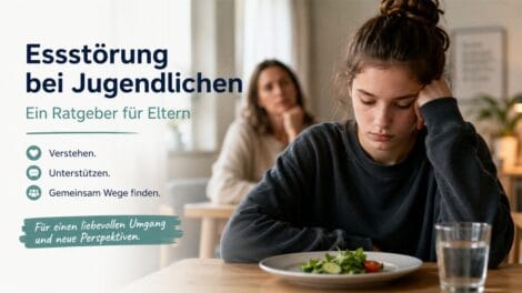 Nachdenkliche Jugendliche sitzt am Tisch und wirkt zurückgezogen, während ihre Mutter im Hintergrund besorgt beobachtet – Thema Essstörung bei Jugendlichen und elterliche Unterstützung