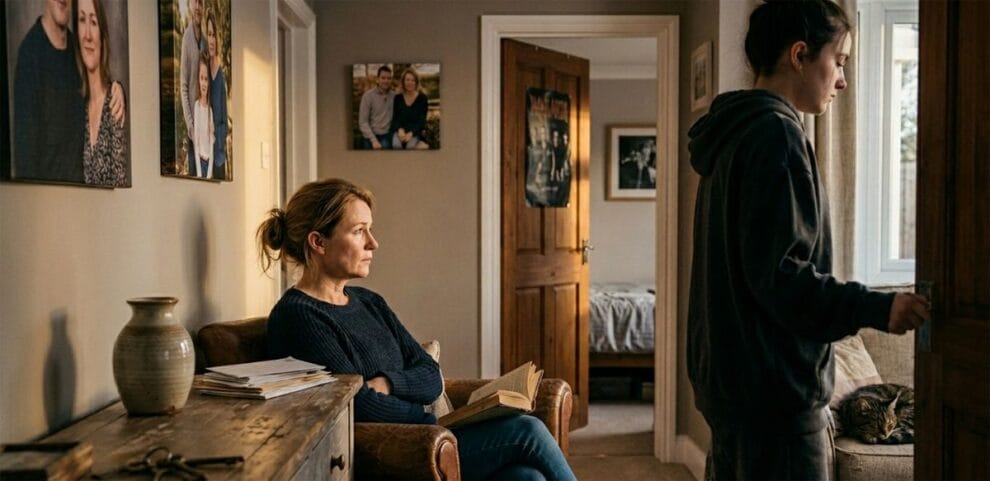 Eine Mutter sitzt traurig auf dem Sofa und ihre Tochter zieht sich schweigend in ihr Zimmer zurück.