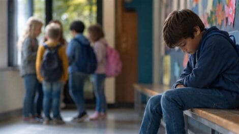 Ein traurig wirkender Junge sitzt allein auf einer Holzbank in einem Schulflur, während im Hintergrund eine Gruppe anderer Kinder miteinander zusammensteht.