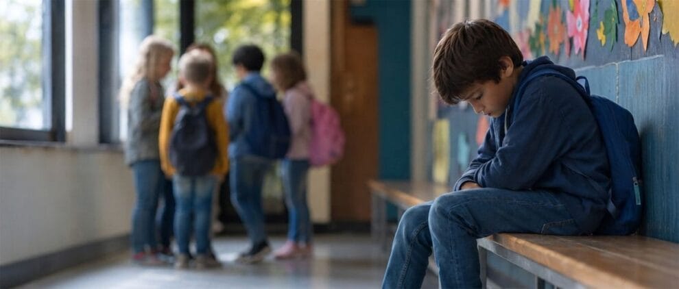 Ein traurig wirkender Junge sitzt allein auf einer Holzbank in einem Schulflur, während im Hintergrund eine Gruppe anderer Kinder miteinander zusammensteht.
