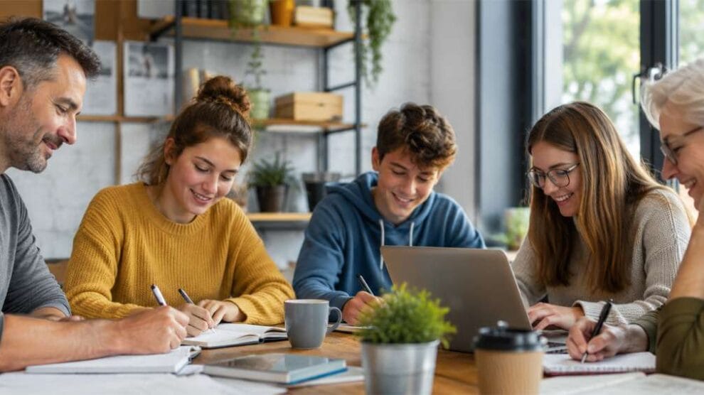 Eine gemischte Gruppe aus Jugendlichen und Erwachsenen arbeitet gemeinsam an Laptops und Notizbüchern in einer modernen Arbeitsumgebung. Das Bild steht für den Austausch unterschiedlicher Perspektiven und für Gastbeiträge von Fachpersonen sowie jungen Autorinnen und Autoren auf netz-familie.ch.