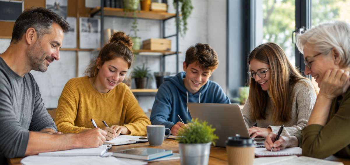 Eine gemischte Gruppe aus Jugendlichen und Erwachsenen arbeitet gemeinsam an Laptops und Notizbüchern in einer modernen Arbeitsumgebung. Das Bild steht für den Austausch unterschiedlicher Perspektiven und für Gastbeiträge von Fachpersonen sowie jungen Autorinnen und Autoren auf netz-familie.ch.