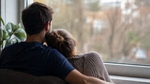Ein Paar sitzt gemeinsam vor einem Fenster und blickt nach draussen. Symbolbild für unerfüllten Kinderwunsch, emotionale Belastung und gegenseitige Unterstützung.