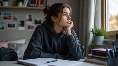 Nachdenkliche Jugendliche am Schreibtisch, die über ihre Lehre und einen möglichen Lehrabbruch nachdenkt.