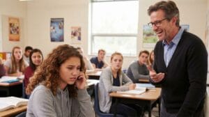 Ein Lehrer steht im Klassenzimmer und lacht über eine Schülerin, die sichtlich betroffen und traurig an ihrem Platz sitzt, während die Mitschüler im Hintergrund arbeiten.
