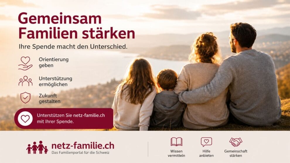 Familie blickt gemeinsam in die Zukunft. Das Beitragsbild wirbt für Spenden zugunsten des gemeinnützigen Familienportals netz-familie.ch und zeigt die Schwerpunkte Information, Beratung und Gemeinschaft.