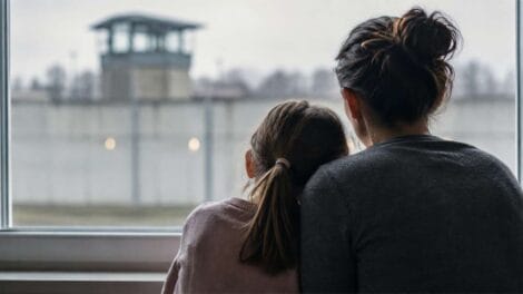 Eine Mutter sitzt mit ihrer Tochter auf dem Sofa und hält sie schützend im Arm. Beide blicken gemeinsam aus dem Fenster. Das Bild vermittelt Nähe, Sicherheit und Zusammenhalt in einer schwierigen familiären Situation.