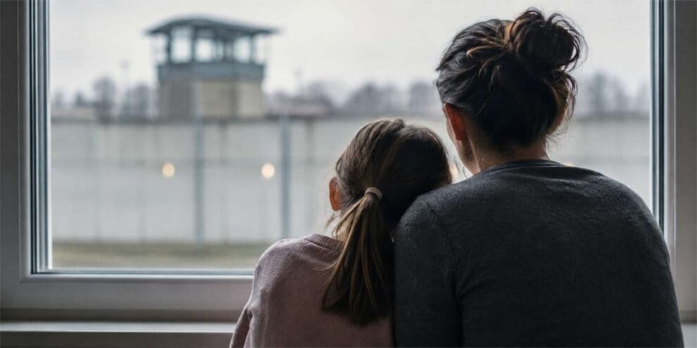 Eine Mutter sitzt mit ihrer Tochter auf dem Sofa und hält sie schützend im Arm. Beide blicken gemeinsam aus dem Fenster. Das Bild vermittelt Nähe, Sicherheit und Zusammenhalt in einer schwierigen familiären Situation.