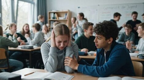 Eine Jugendliche sitzt im Klassenzimmer, hält sich wegen des Lärms im Hintergrund gestresst die Ohren zu, während ein Mitschüler verständnisvoll den Arm auf ihre Schultern legt.