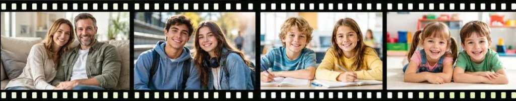 Vier Fotomotive im Filmstreifen-Stil zeigen die Zielgruppen von netz-familie.ch: Eltern, Jugendliche, Schüler und Kinder.
